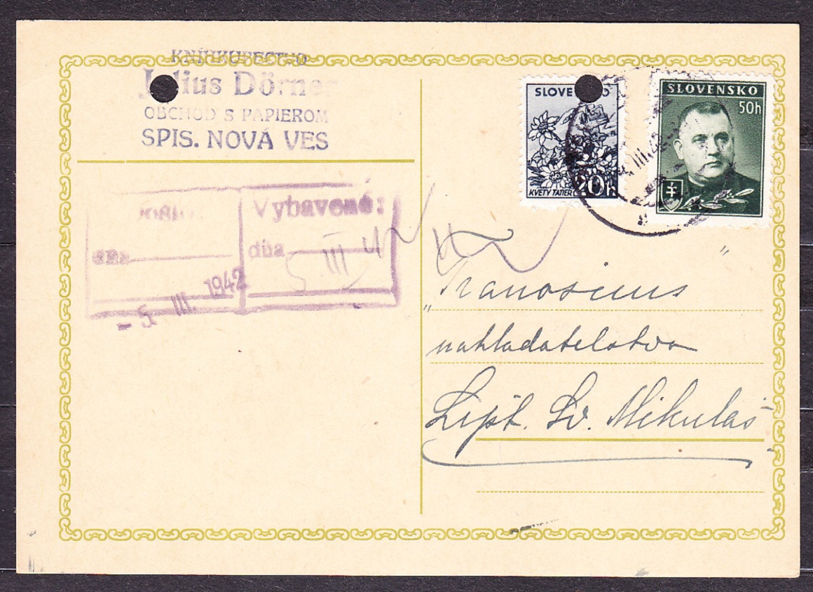 SLOVENSKÝ ŠTÁT 1942, poštový lístok. OBCHOD S PAPIEROM JÚLIUS DORNER - SPIŠSKÁ NOVÁ VES.