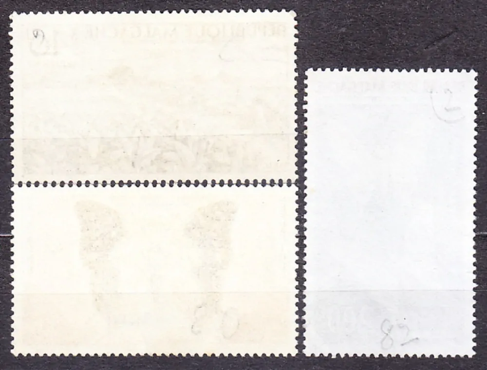 MADAGASCAR 1960, Michel 456-457, 459, razené. TABAKOVÁ PLANTÁŽ, MOTÝLE.