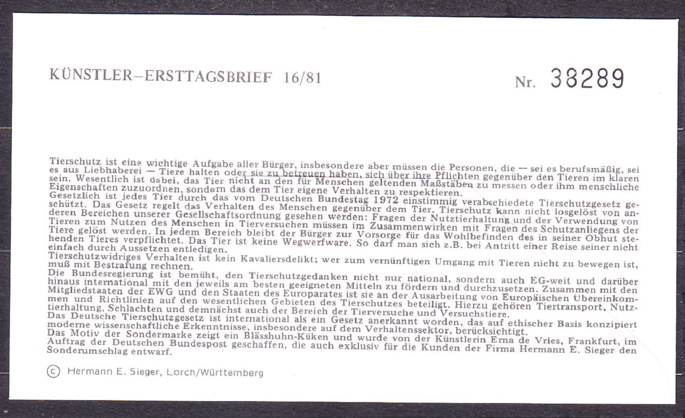 NEMECKO 1981, Michel 1102, FDC OBÁLKA. OCHRANA PRÍRODY - VTÁCTVO.
