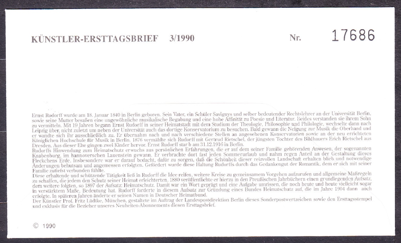 ZÁPADNÝ BERLÍN 1990, Michel 862, FDC OBÁLKA. UČITEĽ HUDBY ERNST RUDORFF.