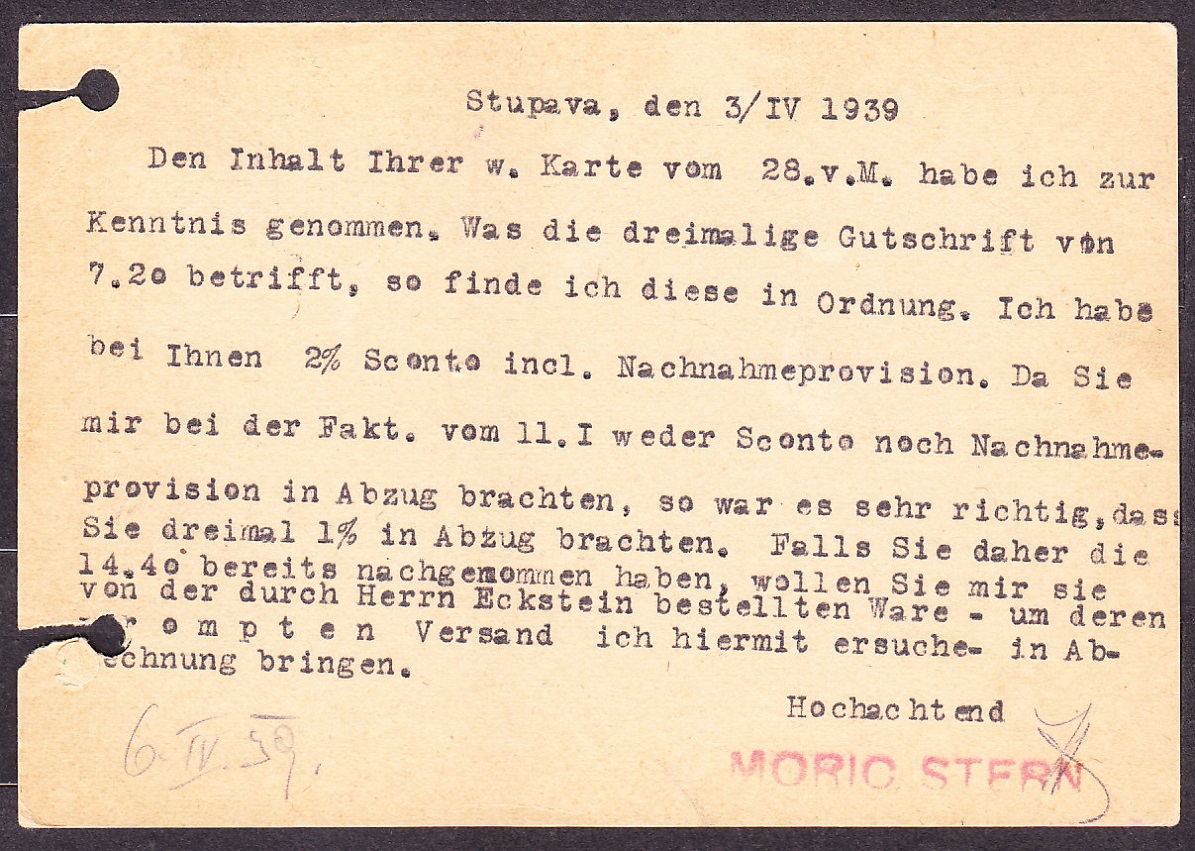 SLOVENSKÝ ŠTÁT 1939, poštový lístok. OBCHOD S ROZLIČNÝM TOVAROM, MORIC STERN - STUPAVA. Použitá súbežná známka z ČSR 1 !