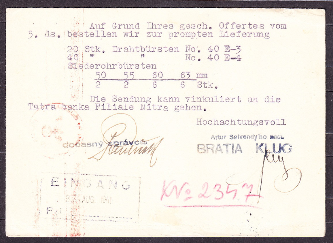 SLOVENSKÝ ŠTÁT 1941, poštový lístok. OBCHOD SO ŽELEZOM, AUTO ŠKODA BRATIA KLUG - NITRA.