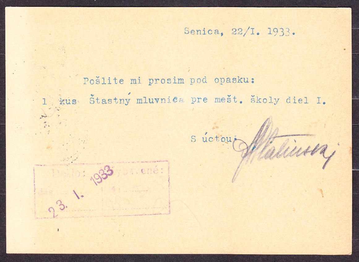 ČSR 1933, celina. KNÍHVIAZAČSTVO, OBCHOD S PAPIEROM, B.A. SLATINSKÝ - SENICA.