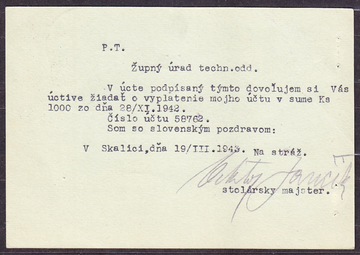 SLOVENSKÝ ŠTÁT 1943, poštový lístok. STROJNÉ NÁBYTKOVÉ A STAVOBNÉ STOLÁRSTVO, VIKTOR JANĆÍK - SKALICA.