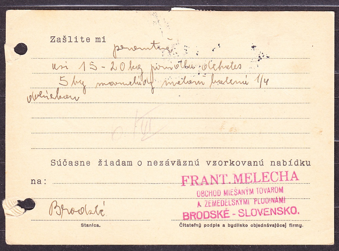 SLOVENSKÝ ŠTÁT 1939, obchodný odpovedný lístok. OBCHOD S MIEŠANÝM TOVAROM, FRANT. MELECHA - BRODSKÉ.