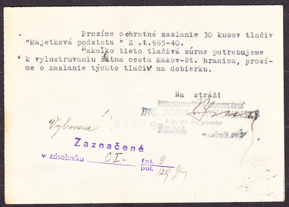 SLOVENSKÝ ŠTÁT 1941, poštový lístok. ZEMEMERAČ, ING. BORIS V. KOLOMINSKÝ - ŽILINA.