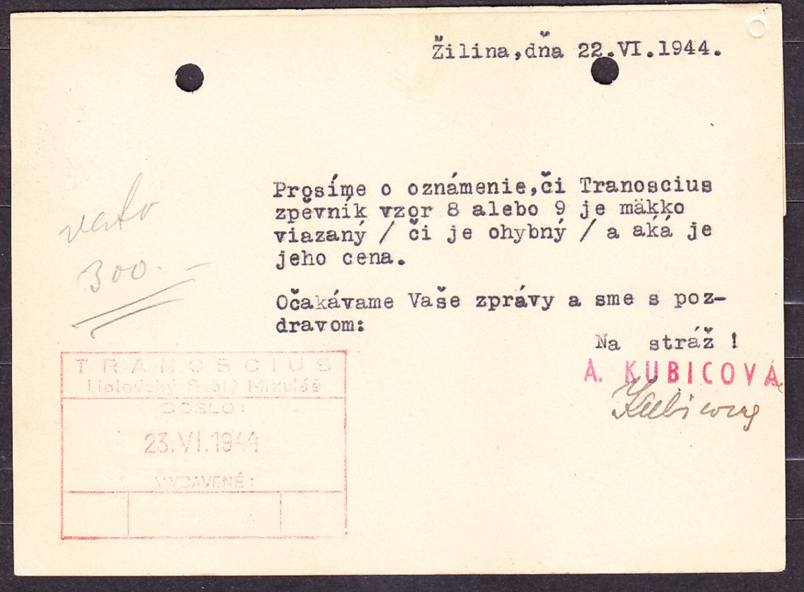 SLOVENSKÝ ŠTÁT 1944, poštový lístok. KNÍHKUPECTVO, OBCHOD S PAPIEROM, A. KUBICOVÁ predtým JOZEF BIEL - ŽILINA.