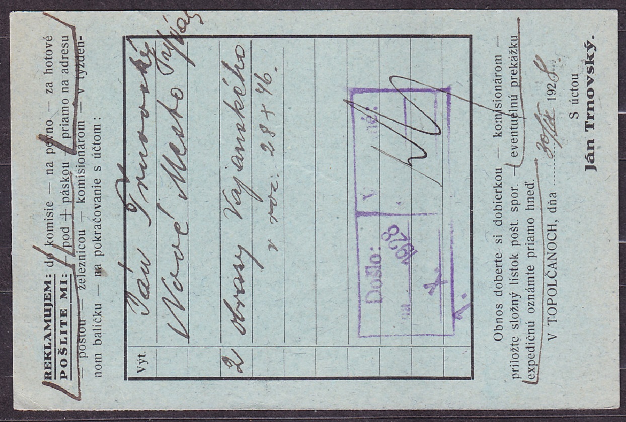 ČSR 1928, poštový lístok. KNÍHIAZAČSTVO, KNÍHKUPECTVO A PAPIERNICTVO, JÁN TRNOVSKÝ - FILIÁLKA TOPOĽČANY.