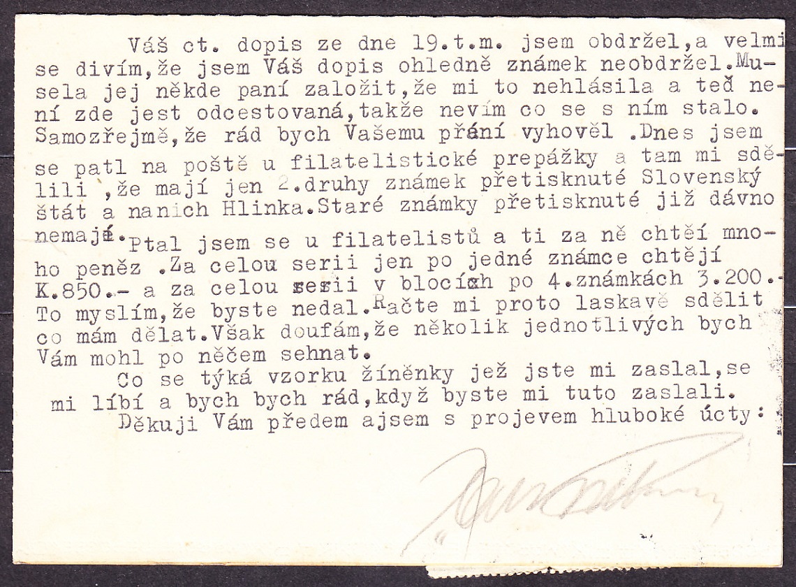 SLOVENSKÝ ŠTÁT 1939, poštový lístok. KRAJČÍRSKY ZÁVOD KALVODA - BRATISLAVA.