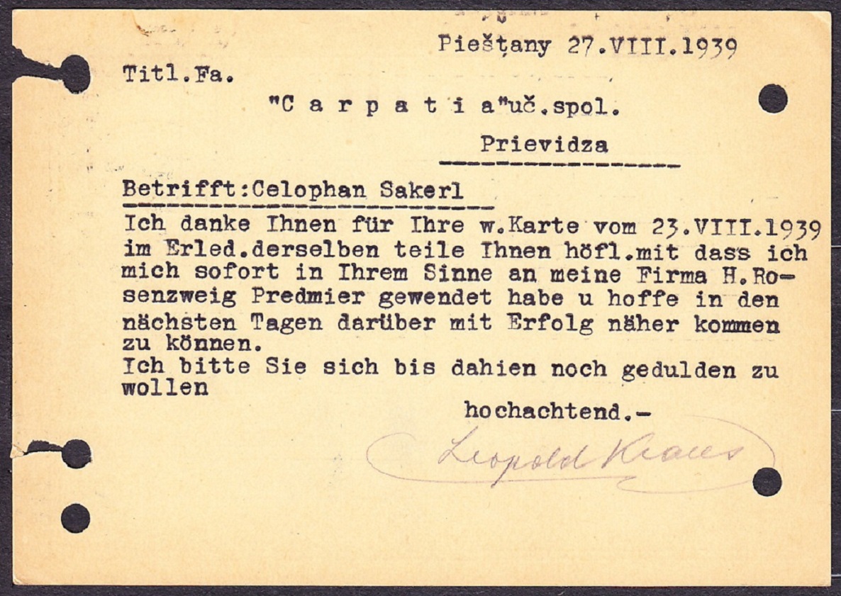 SLOVENSKÝ ŠTÁT 1939, poštový lístok. AGENTÚRA, LEOPOLD KRAUS - PIEŠŤANY.