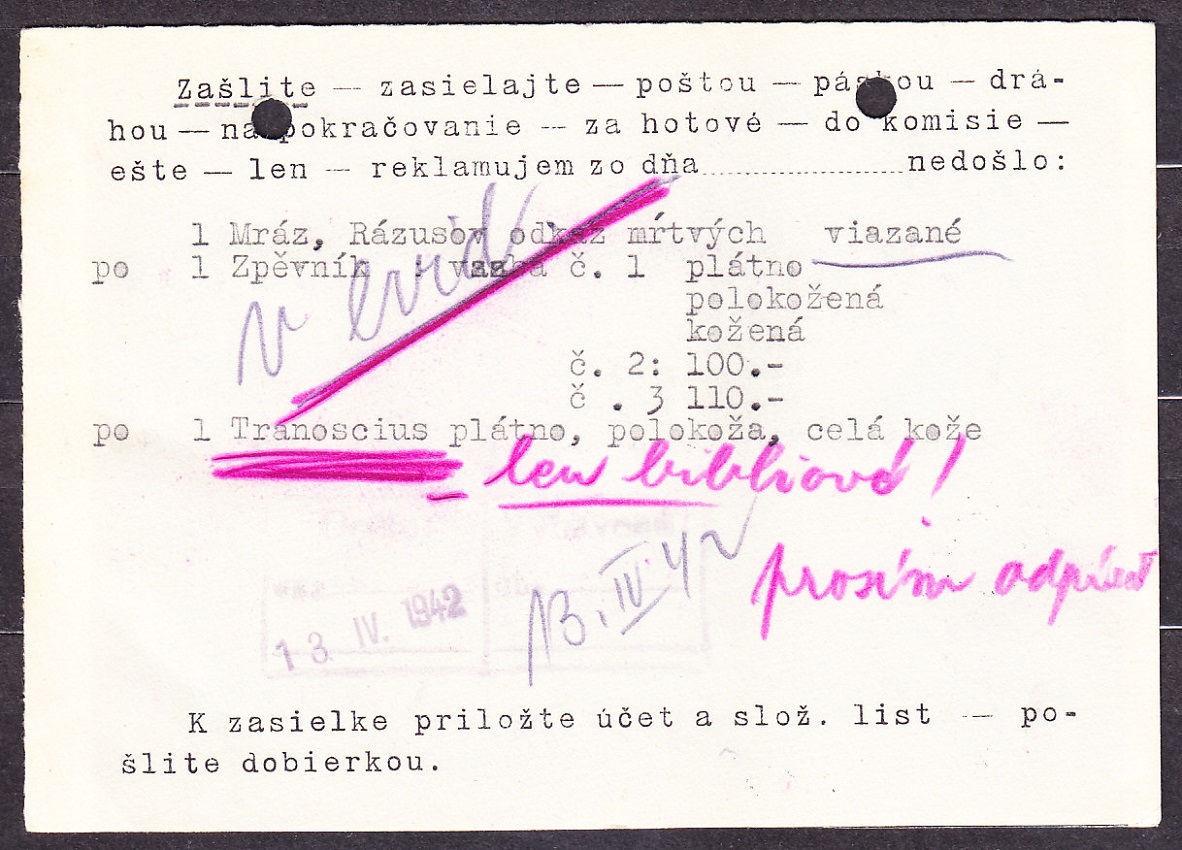 SLOVENSKÝ ŠTÁT 1942, poštový lístok. KNÍHKUPECTVO A PAPIERNICTVO, JOZEF MAZÁČ - PIEŠŤANY.