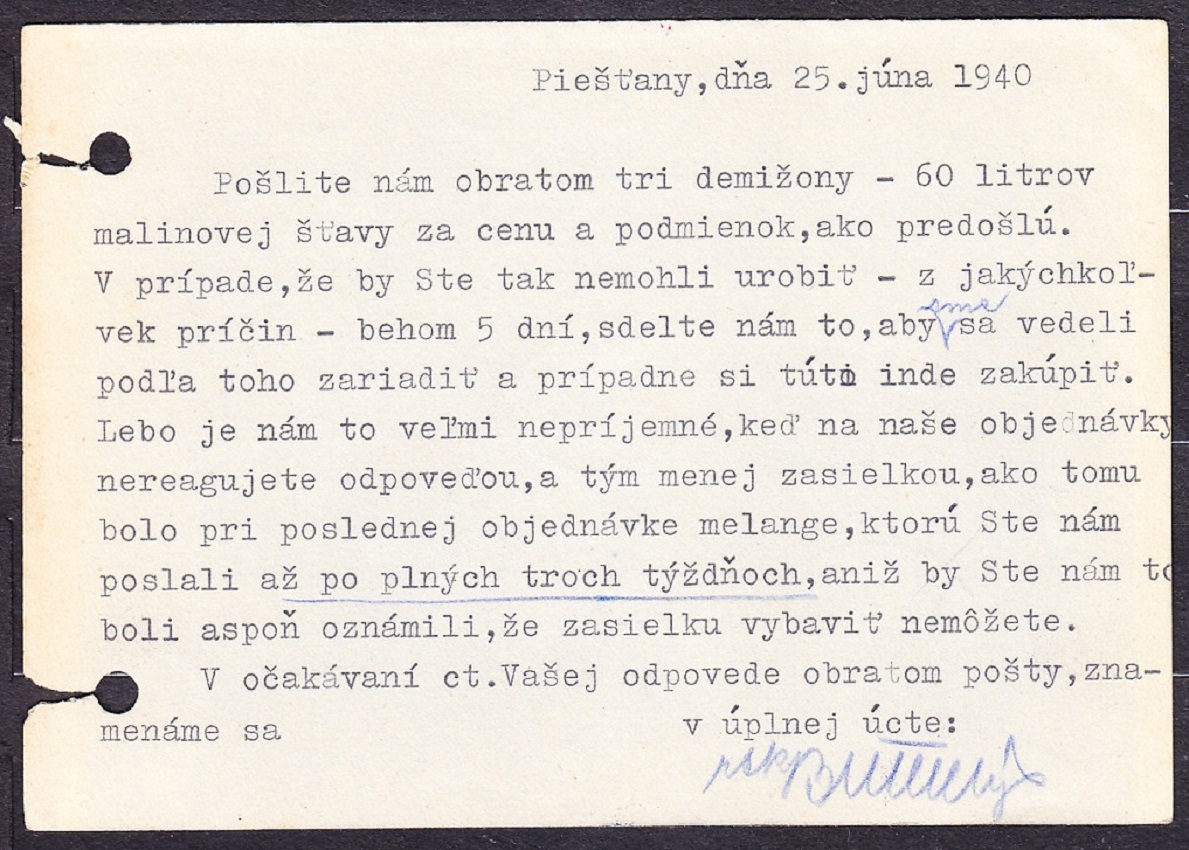 SLOVENSKÝ ŠTÁT 1940, poštový lístok. SPRÁVA VOJENSKÉHO ZÁTIŠIA, ŠTEFÁNIKOVE KASÁRNE - PIEŠŤANY.