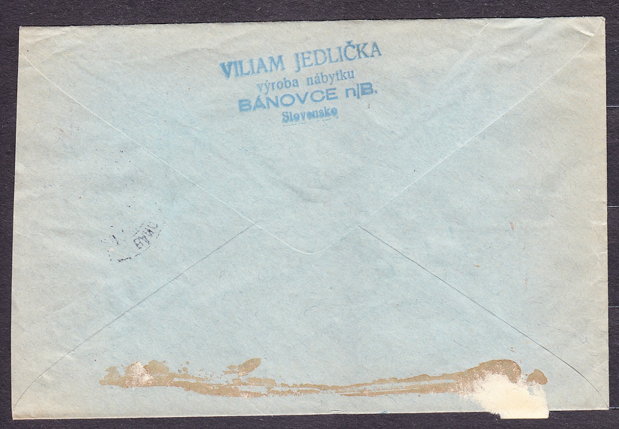 SLOVENSKÝ ŠTÁT 1944, doporučená obálka. VÝROBA NÁBYTKU, V. JEDLIČKA - BÁNOVCE NAD BEBRAVOU.
