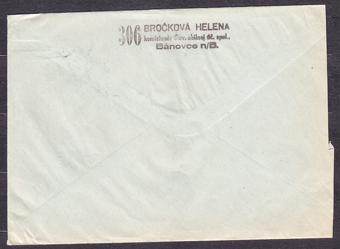 SLOVENSKÝ ŠTÁT 1944, doporučená obálka. KOMISIONÁR SLOVENSKEJ OBILNEJ SPOLOČNOSTI, HELENA BROČKOVÁ - BÁNOVCE NAD BEBRAVOU.