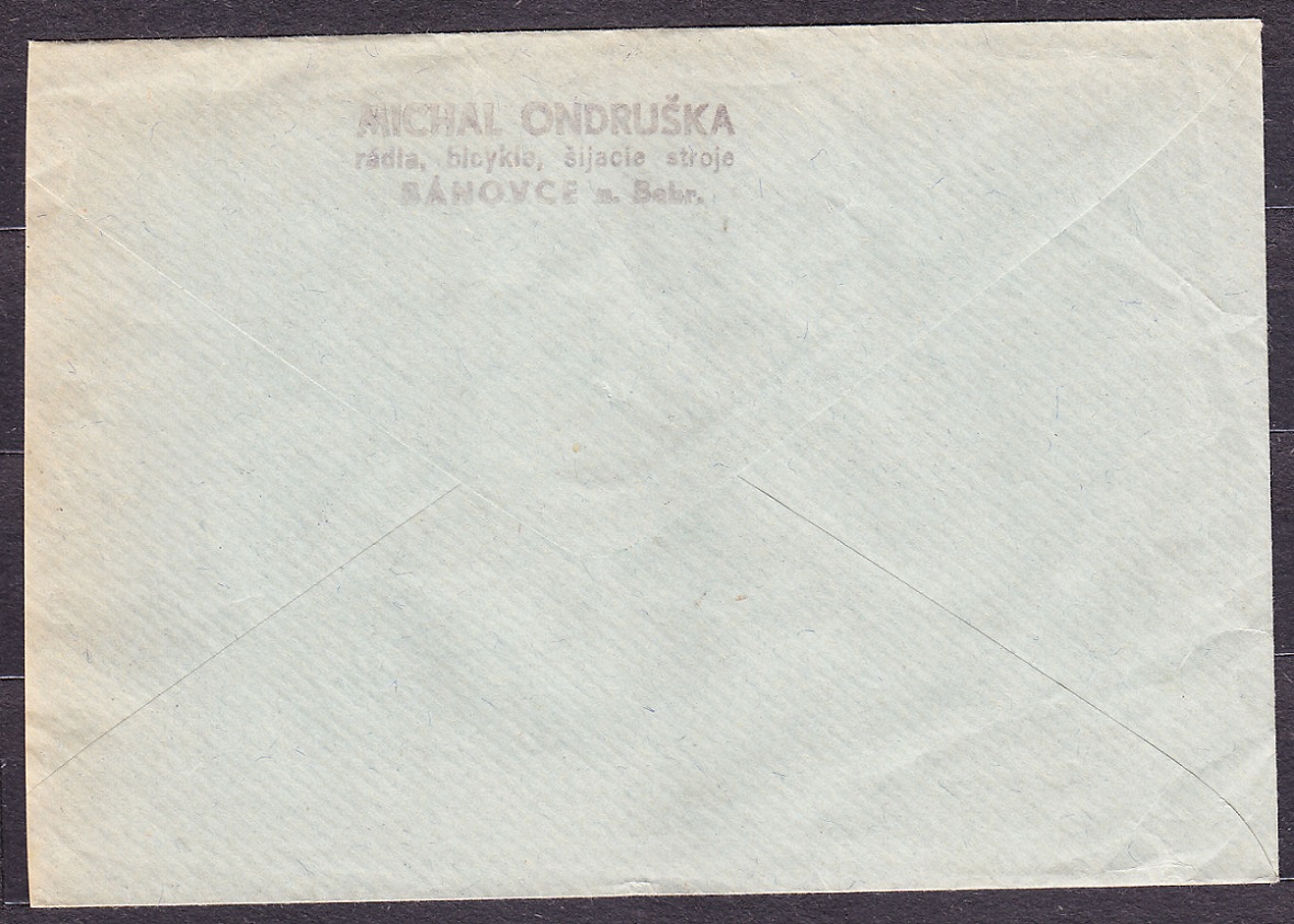 SLOVENSKÝ ŠTÁT 1944, doporučená obálka. RÁDIA, BICYKLE, ŠIJACIE STROJE, MICHAL ONDRUŠKA - BÁNOVCE NAD BEBRAVOU.