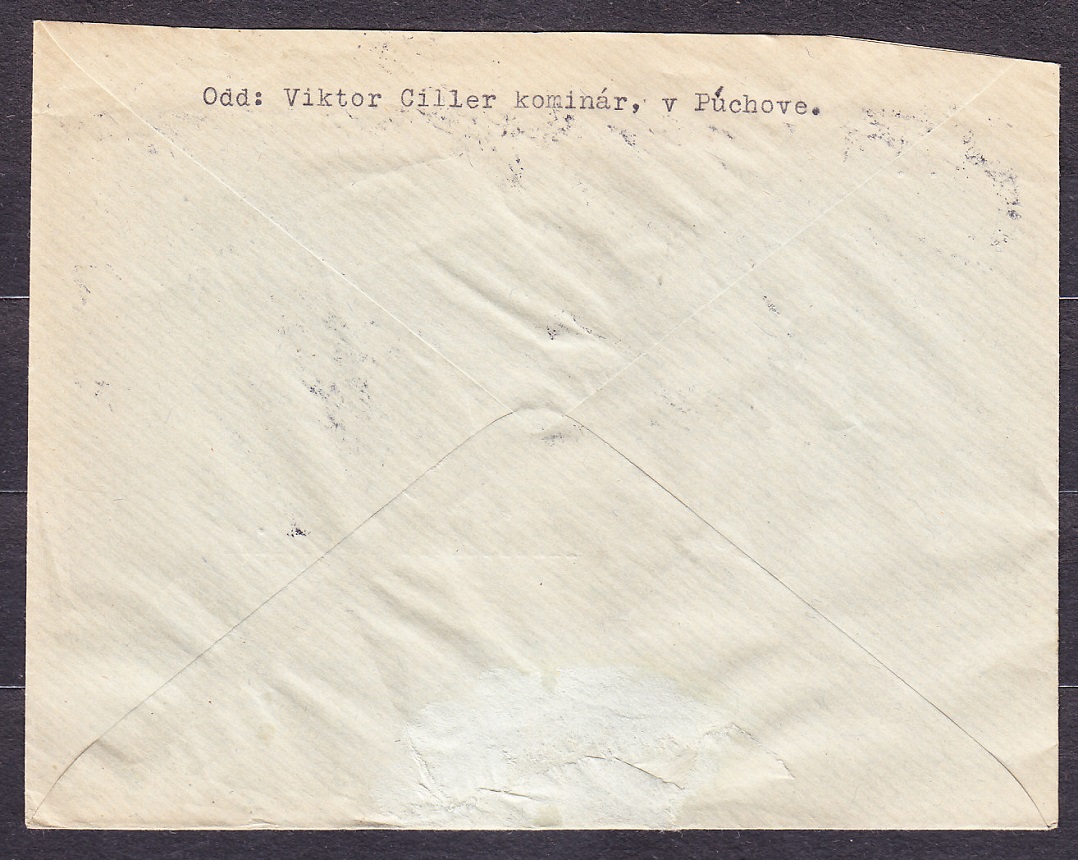 SLOVENSKÝ ŠTÁT 1942, doporučená obálka. KOMINÁR, VIKTOR CILLER - PÚCHOV NAD VÁHOM.