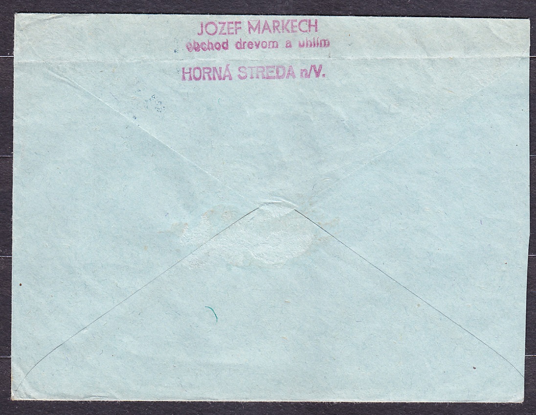 SLOVENSKÝ ŠTÁT 1944, doporučená obálka. OBCHOD S DREVOM A UHLÍM, JOZEF MARKECH - HORNÁ STREDA NAD VÁHOM.