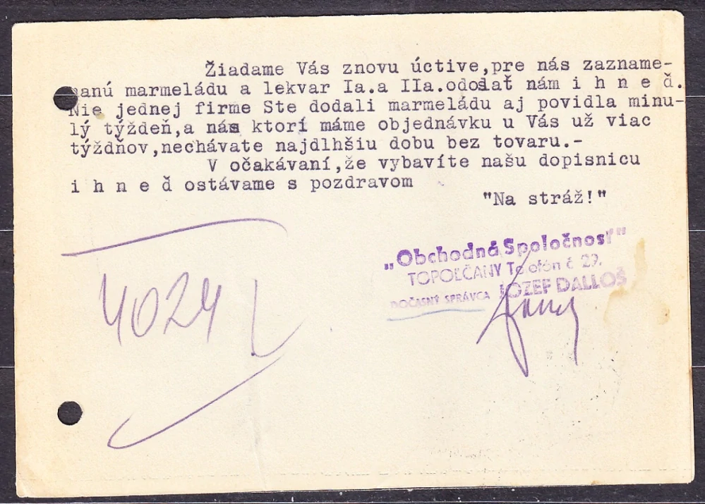 SLOVENSKÝ ŠTÁT 1941, poštový lístok. OBCHODNÁ SPOLOČNOSŤ, DOČASNÝ SPRÁVCA J. DALLOŠ - TOPOĽČANY. ARIZÁTOR. VLAKOVÁ POŠTA !