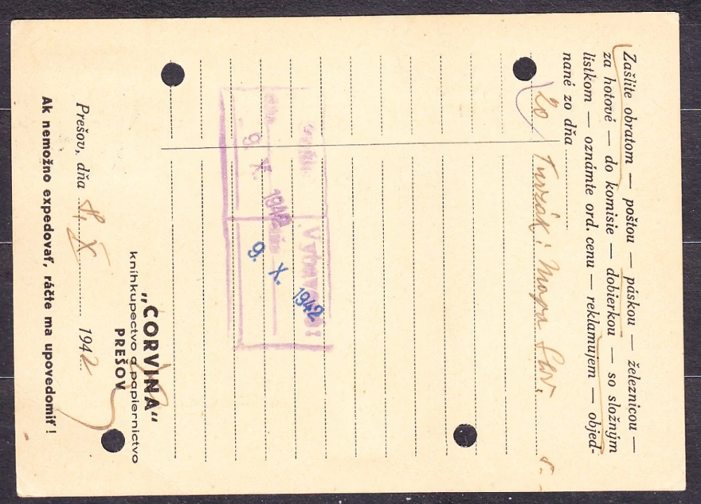 SLOVENSKÝ ŠTÁT 1942, poštový lístok. KNÍHKUPECTVO A PAPIERNICTVO CORVINA - PREŠOV.