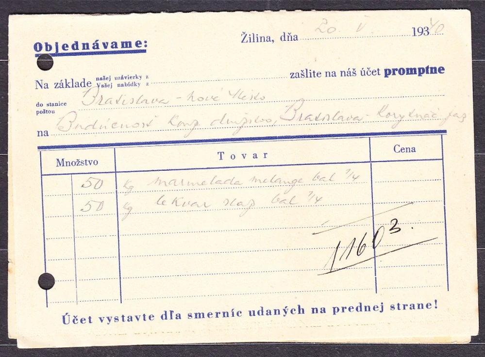 SLOVENSKÝ ŠTÁT 1940, poštový lístok. VEĽKONÁKUPNÁ SPOLOČNOSŤ DRUŽSTIEV - ŽILINA.
