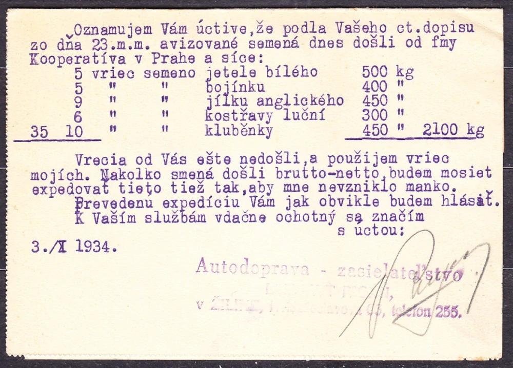 ČSR 1934, poštový lístok. UHLIE, DREVO, KOKS, ŠPEDÍCIA, L. RIGÁN - ŽILINA.