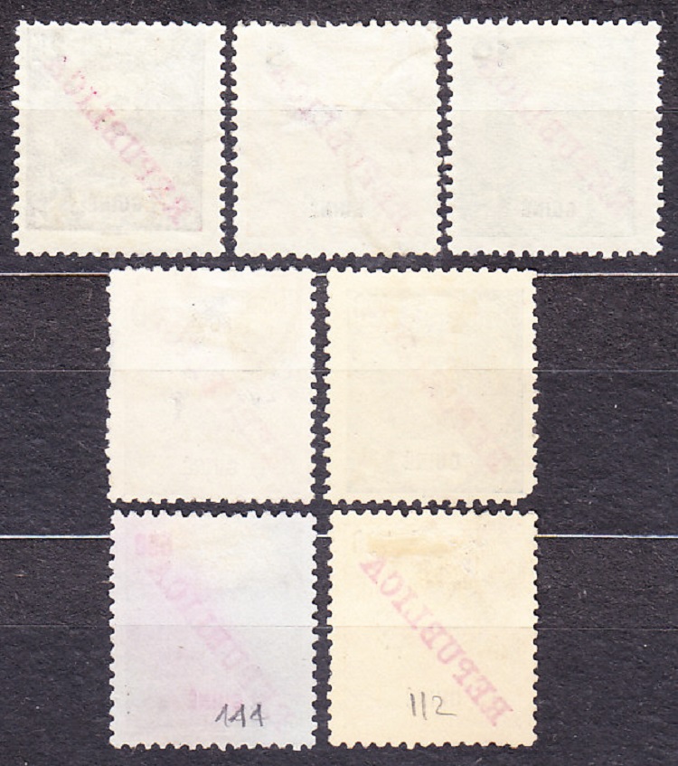 PORTUGALSKÁ GUINEA 1911, Michel 89-91, 93, 101-103, razené. KOLÓNIE. KRÁĽ CARLOS I. - PRETLAČE REPUBLICA.