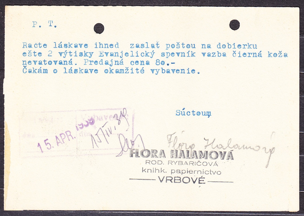 SLOVENSKÝ ŠTÁT 1939, poštový lístok. KNÍHKUPECTVO FLORA HALAMOVÁ - VRBOVÉ.