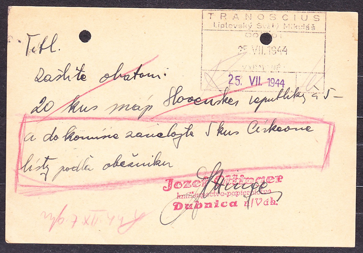 SLOVENSKÝ ŠTÁT 1944, poštový lístok. KNÍHKUPECTVO JOZEF OTTINGER - DUBNICA NAD VÁHOM.