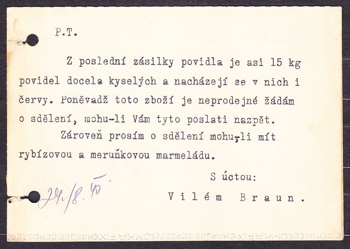SLOVENSKÝ ŠTÁT 1940, poštový lístok. OBCHOD S MIEŠANÝM TOVAROM, PREDAJ UHLIA, VILÉM BRAUN - SKALICA.
