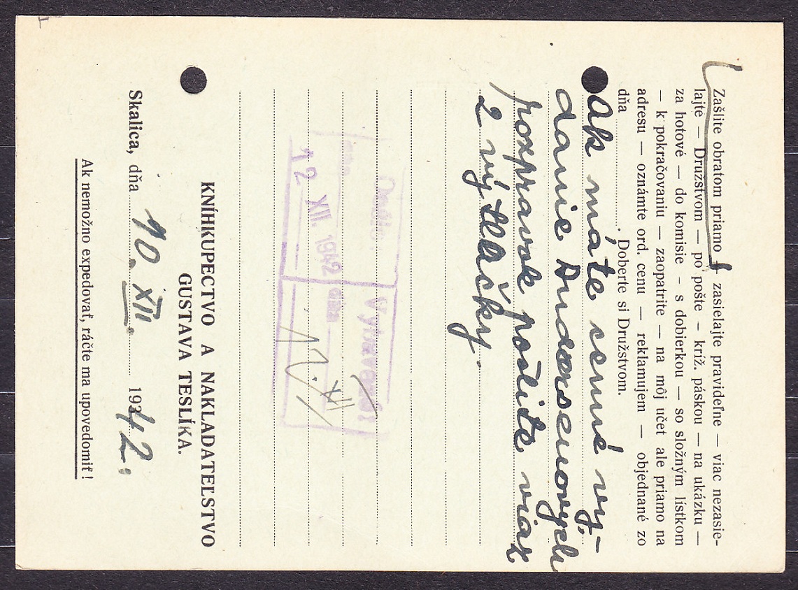 SLOVENSKÝ ŠTÁT 1942, poštový lístok. NAKLADATEĽSTVO G. TESLÍK - SKALICA.