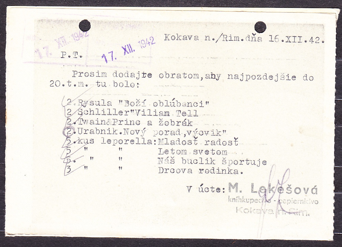 SLOVENSKÝ ŠTÁT 1942, poštový lístok. KNÍHKUPECTVO A PAPIERNICTVO M. LEKEŠOVÁ - KOKAVA NAD RIMAVICOU.