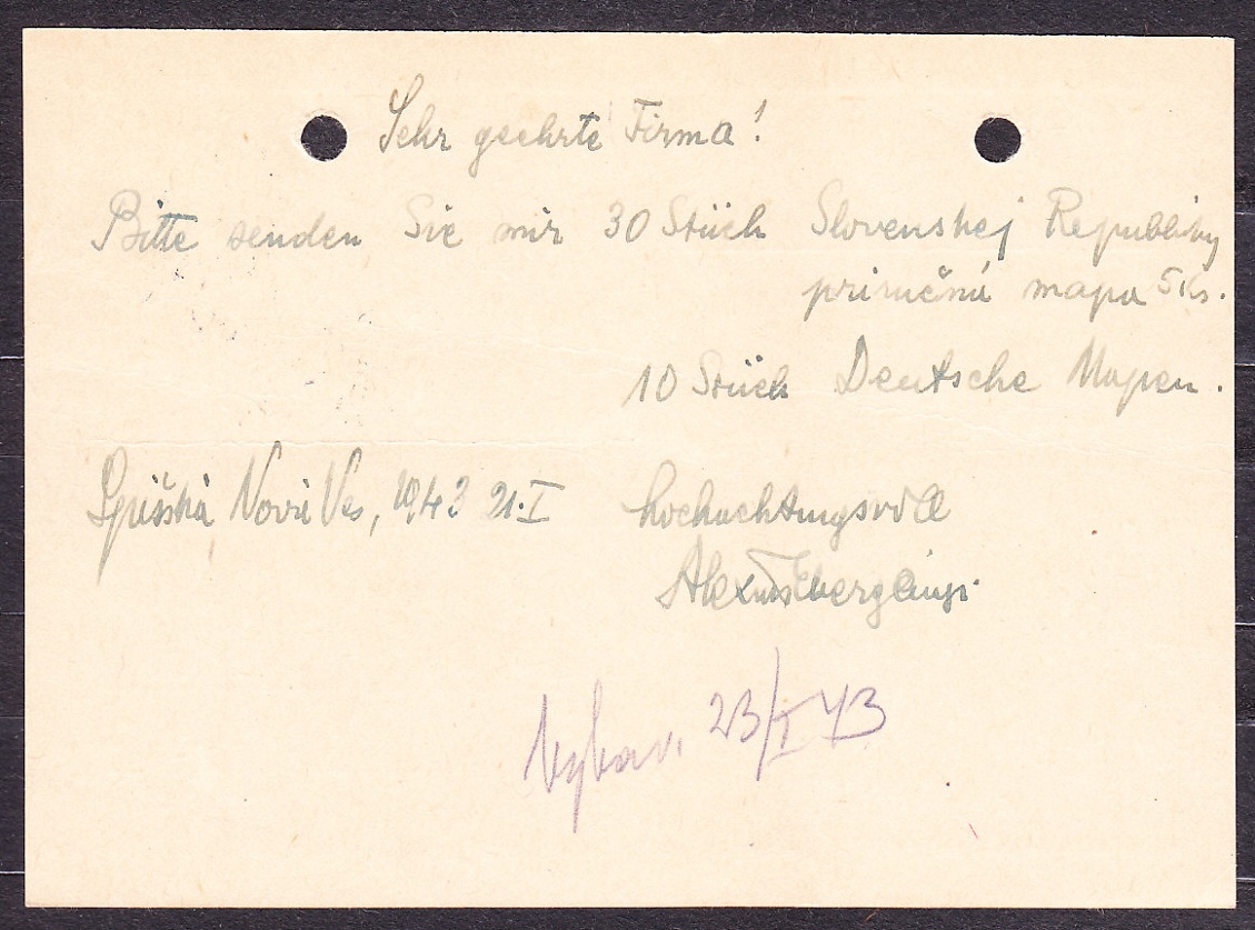 SLOVENSKÝ ŠTÁT 1943, poštový lístok. PAPIERNICTVO A. EBERGÉNYI - SPIŠSKÁ NOVÁ VES.