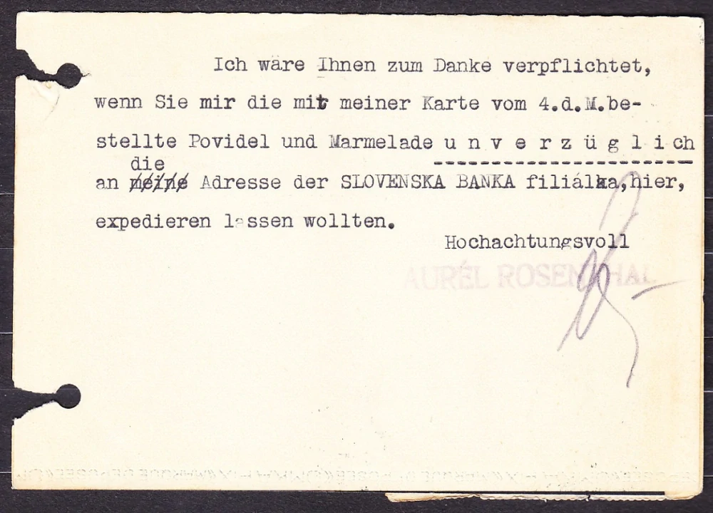 SLOVENSKÝ ŠTÁT 1939, poštový lístok. OBCHOD S MIEŠANÝM TOVAROM, FARBY, AUREL ROSENTHAL - SPIŠSKÁ NOVÁ VES. ARIZOVANÝ PODNIK !!!