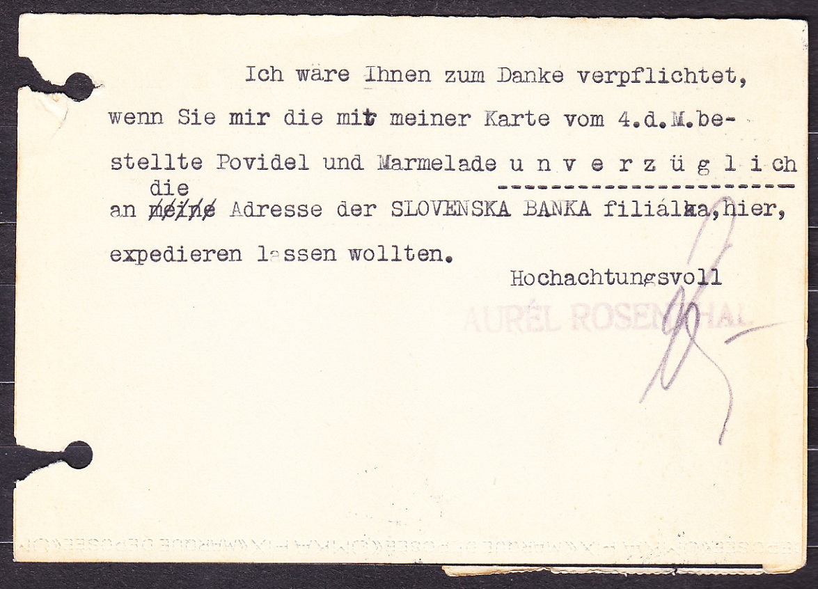SLOVENSKÝ ŠTÁT 1939, poštový lístok. OBCHOD S MIEŠANÝM TOVAROM, FARBY, AUREL ROSENTHAL - SPIŠSKÁ NOVÁ VES.