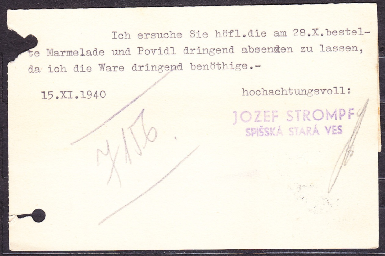 SLOVENSKÝ ŠTÁT 1940, poštový lístok. OBCHOD S MÚKOU A  MIEŠANÝM TOVAROM, JOZEF STROMPF - SPIŠSKÁ STARÁ VES.