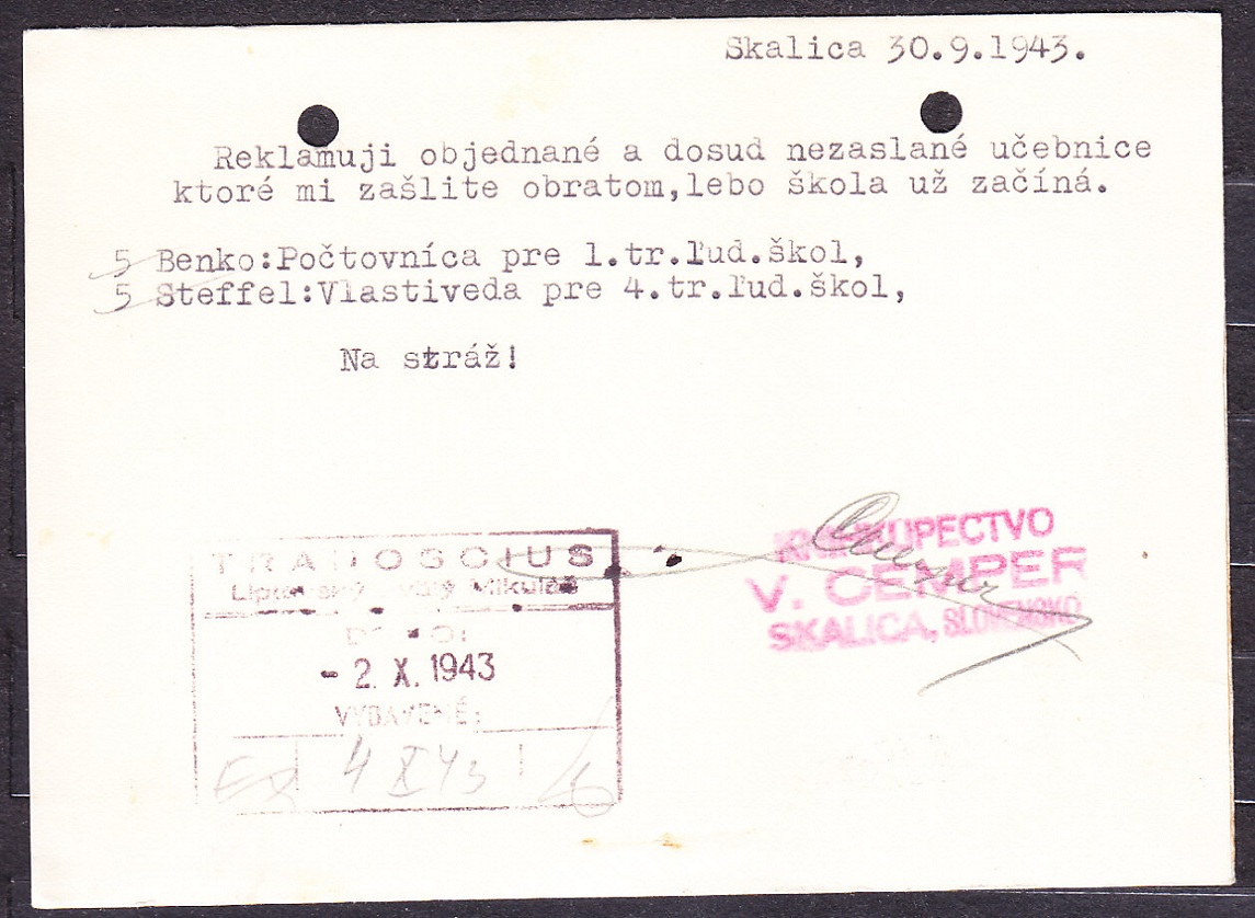 SLOVENSKÝ ŠTÁT 1943, poštový lístok. KNÍHKUPECTVO V. CEMPER - SKALICA.