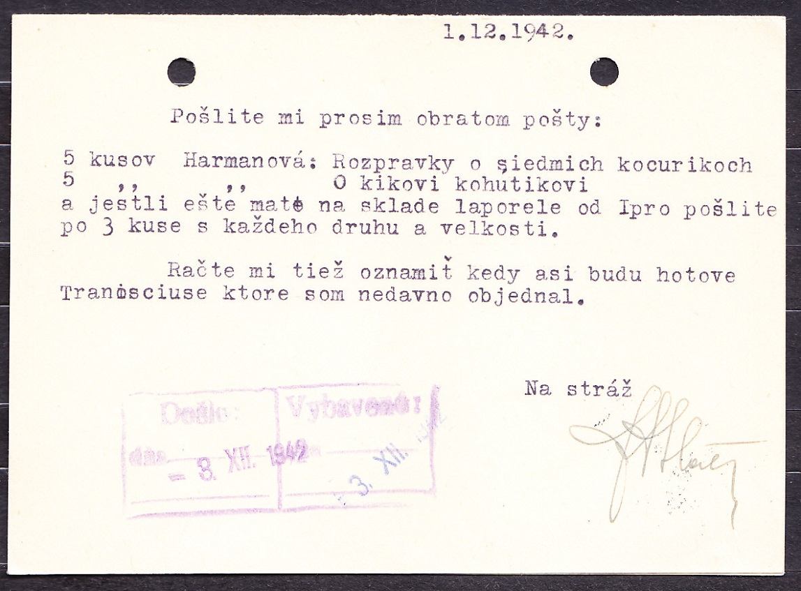 SLOVENSKÝ ŠTÁT 1942, poštový lístok. KNÍHKUPECTVO B.A. SLATINSKÝ - SENICA.