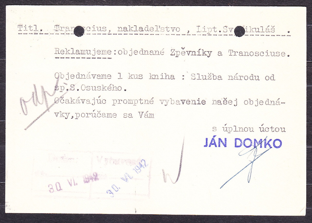SLOVENSKÝ ŠTÁT 1942, poštový lístok. VEĽKOOBCHOD S PAPIEROM A ŠKOLSKÝMI POTREBAMI - MARTIN.