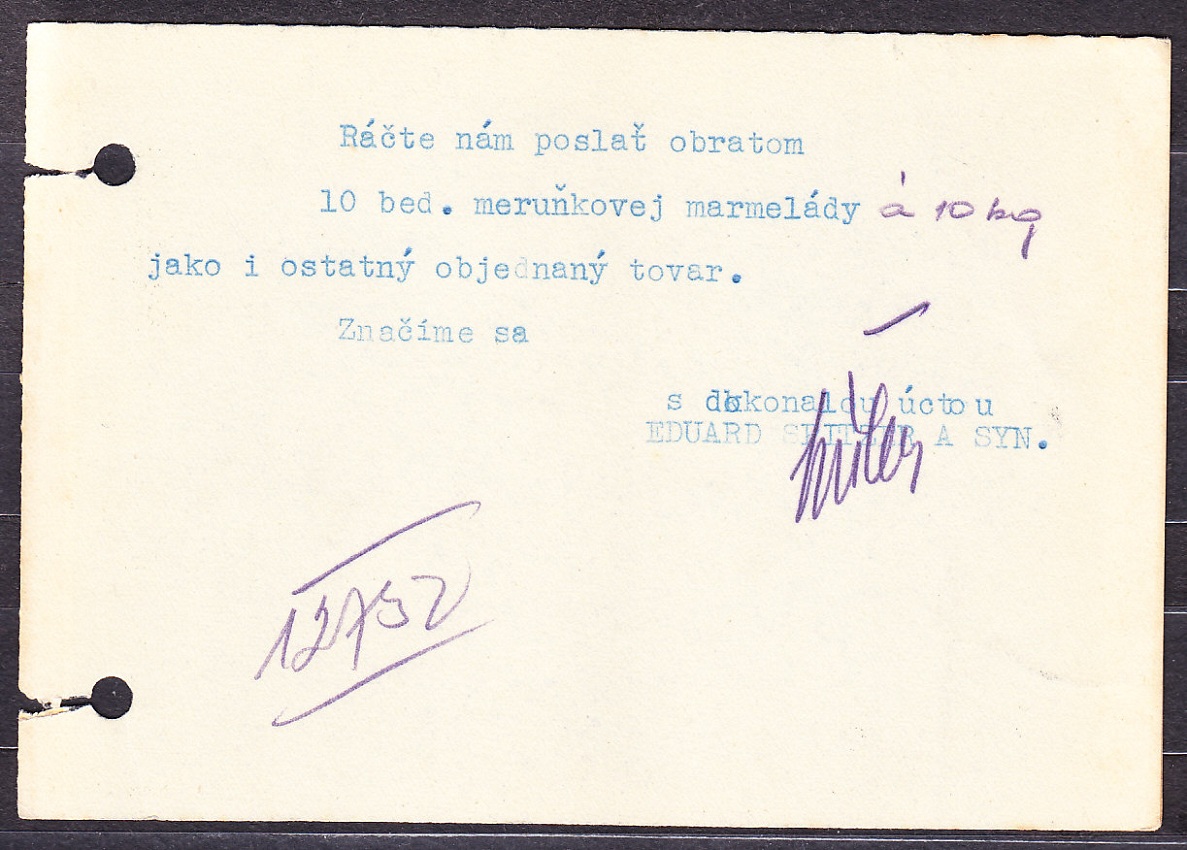 SLOVENSKÝ ŠTÁT 1940, poštový lístok. OBCHOD S POTRAVINAMI, EDUARD SPITZER & SYN - MARTIN.