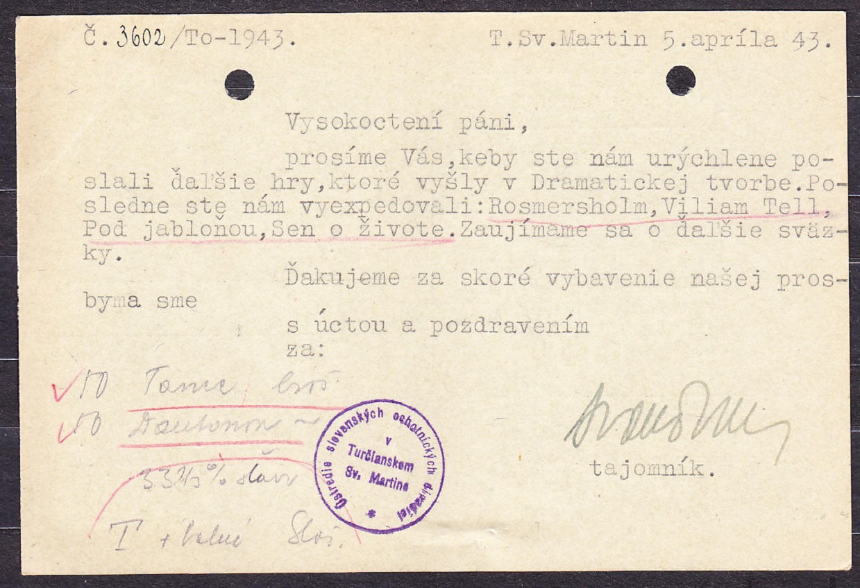 SLOVENSKÝ ŠTÁT 1943, poštový lístok. ÚSTREDIE SLOVENSKÝCH OCHOTNÍCKYCH DIVADIEL - MARTIN.