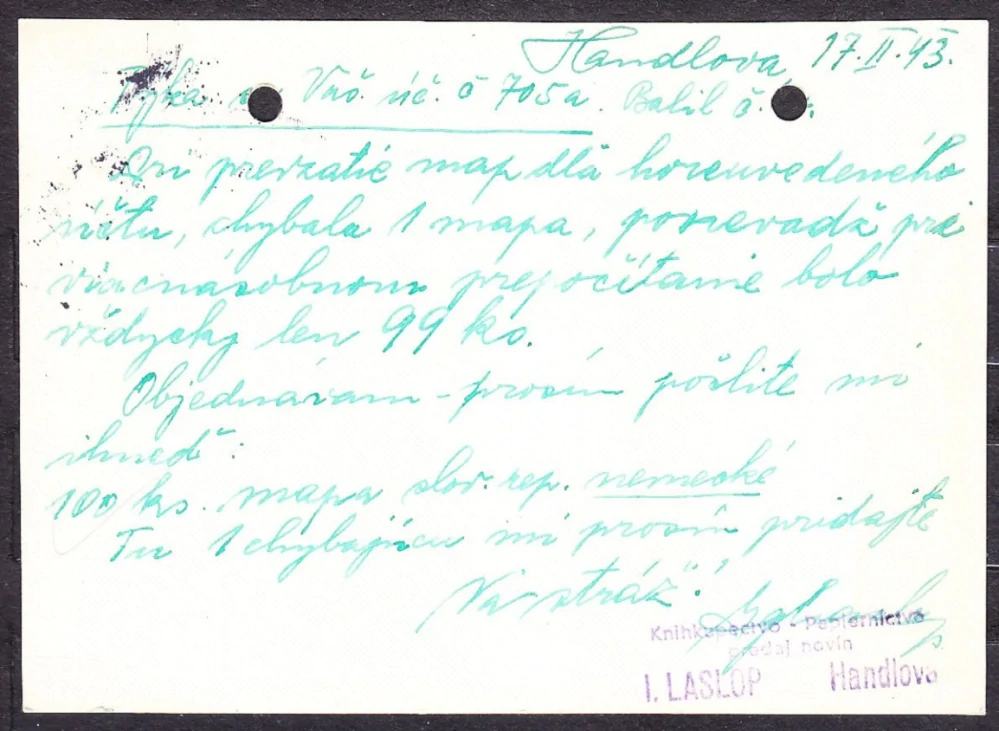 SLOVENSKÝ ŠTÁT 1943, poštový lístok. KNÍHKUPECTVO, PAPIERNICTVO IGNAC LASLOP - HANDLOVÁ.