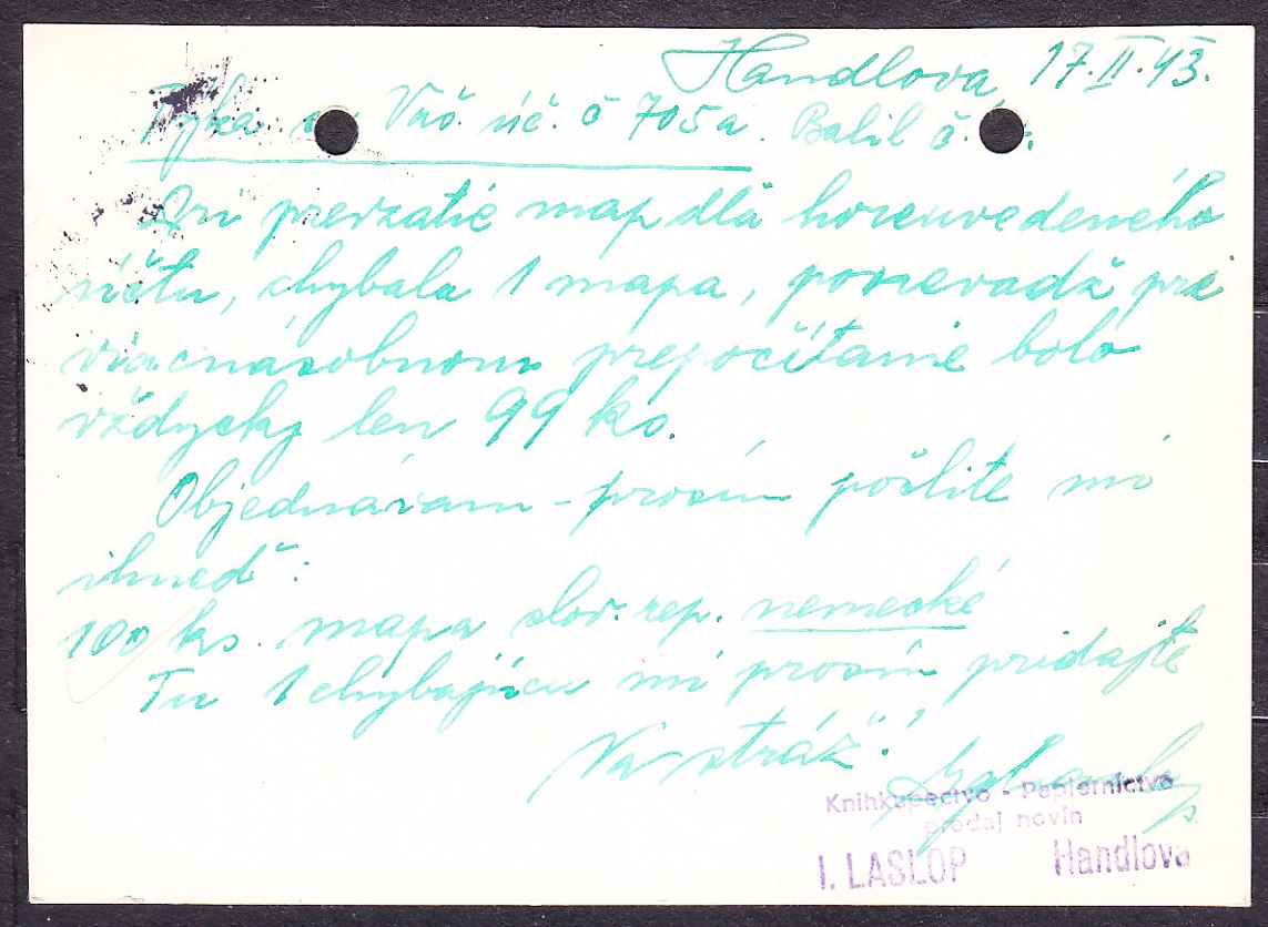 SLOVENSKÝ ŠTÁT 1943, poštový lístok. KNÍHKUPECTVO, PAPIERNICTVO IGNAC LASLOP - HANDLOVÁ.