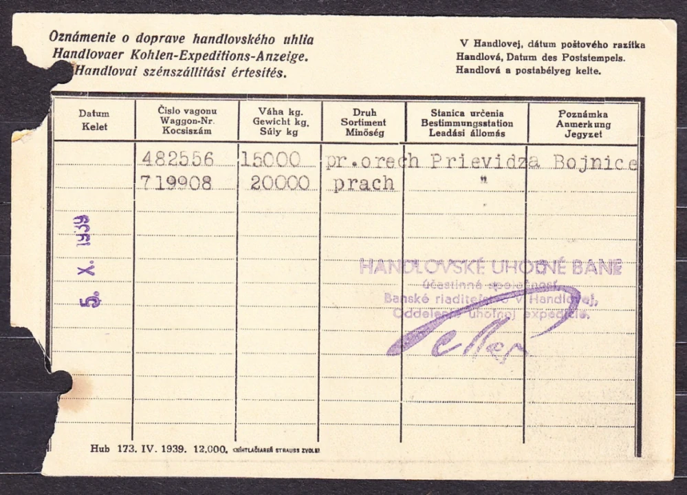 SLOVENSKÝ ŠTÁT 1939, poštový lístok. HANDLOVSKÉ UHOĽNÉ BANE - HANDLOVÁ.