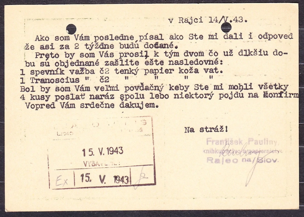 SLOVENSKÝ ŠTÁT 1943, poštový lístok. KNÍHKUPECTVO A PAPIERNICTVO FRANTIŠEK PAULINY - RAJEC.