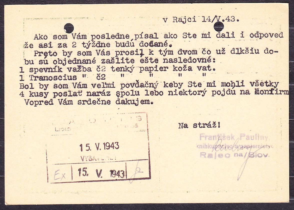 SLOVENSKÝ ŠTÁT 1943, poštový lístok. KNÍHKUPECTVO A PAPIERNICTVO FRANTIŠEK PAULINY - RAJEC.
