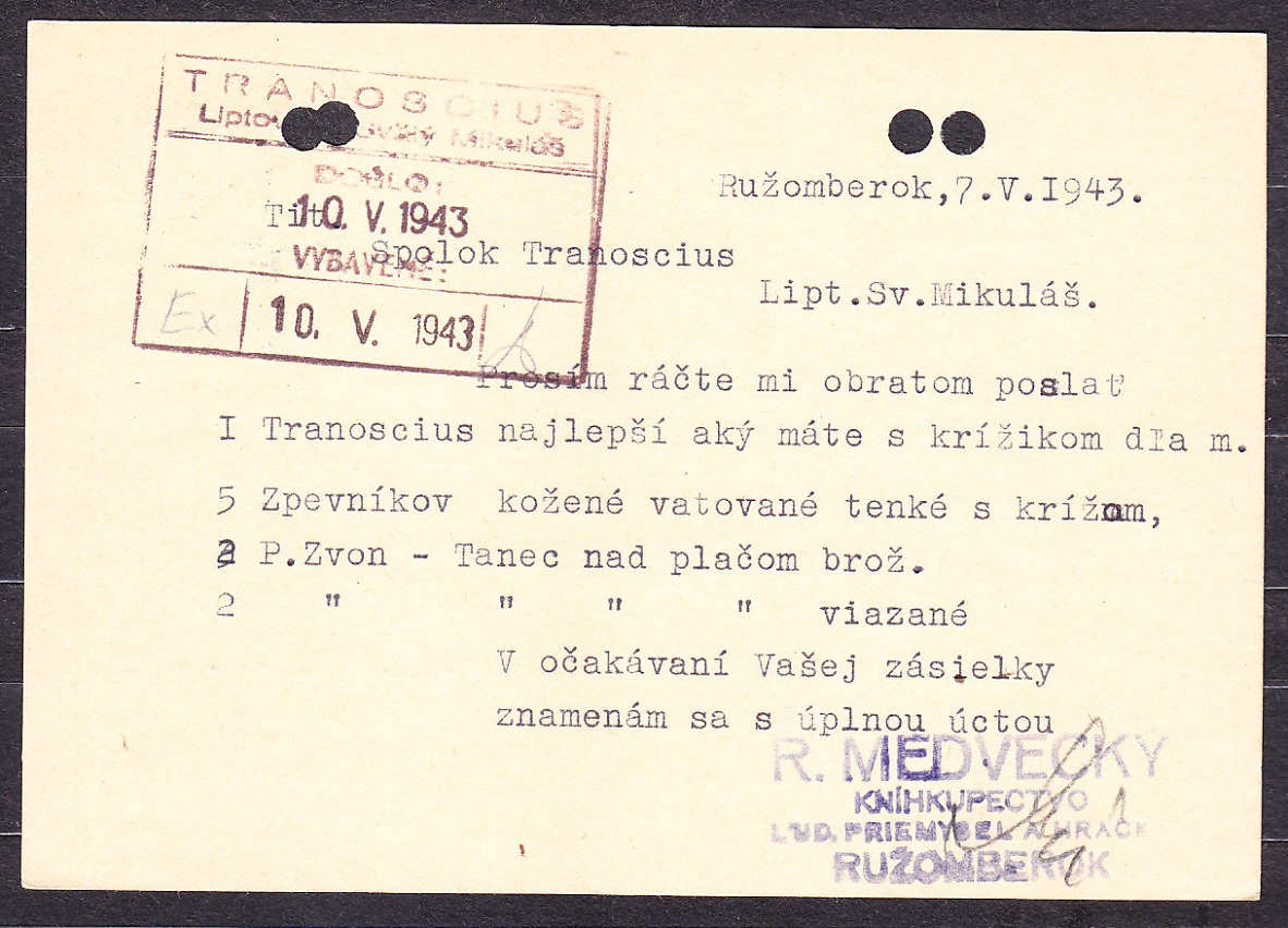 SLOVENSKÝ ŠTÁT 1943, poštový lístok. KNÍHKUPECTVO A OBCHOD S HRAČKAMI, R. MEDVECKÝ - RUŽOMBEROK.