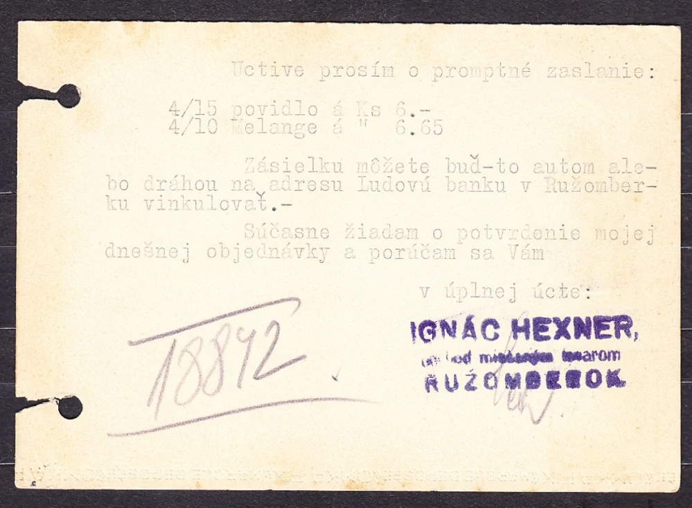 SLOVENSKÝ ŠTÁT 1940, poštový lístok. OBCHOD S MIEŠANÝM TOVAROM A SKLAD MÚKY, IGNÁC HEXNER - RUŽOMBEROK. LIKVIDÁCIA PODNIKU !