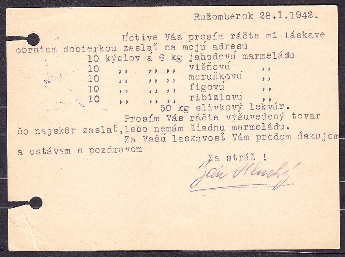 SLOVENSKÝ ŠTÁT 1942, poštový lístok. OBCHODNÍK JAN HLUCHÝ - RUŽOMBEROK.