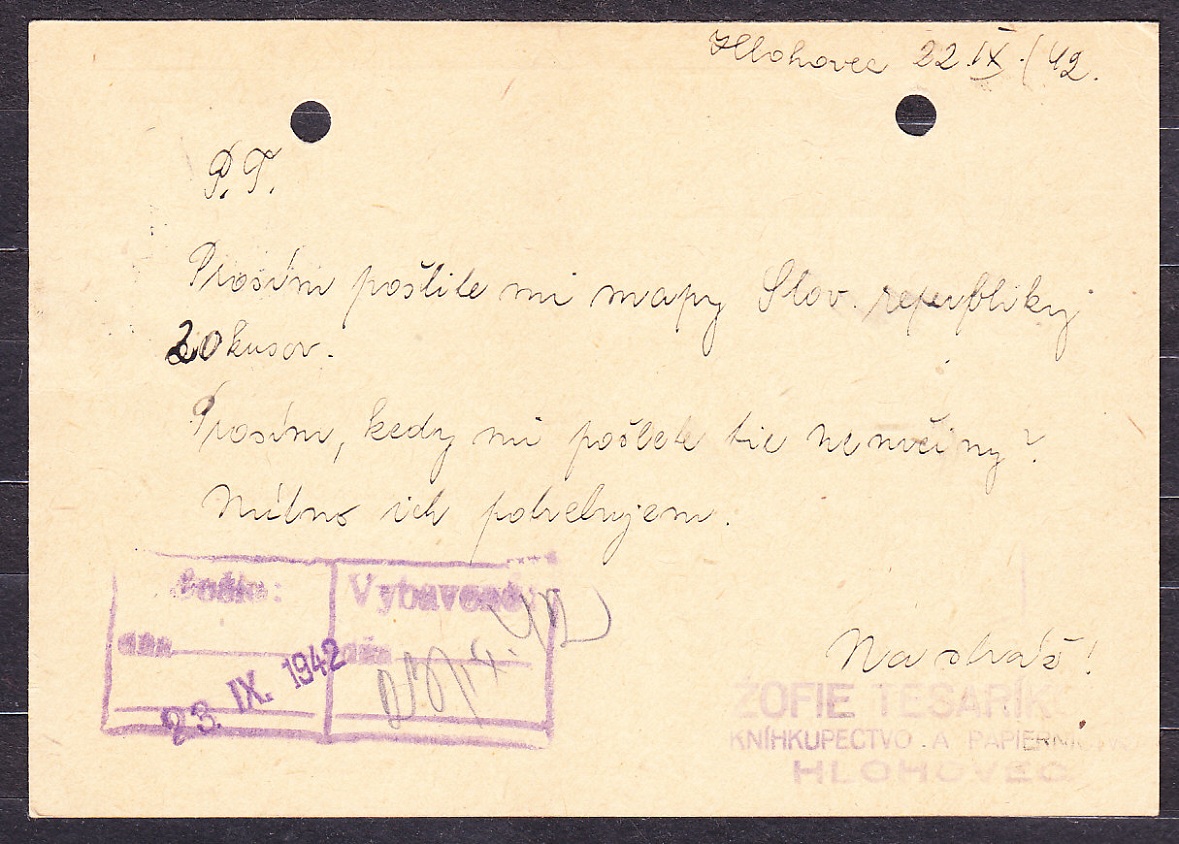 SLOVENSKÝ ŠTÁT 1942, poštový lístok. KNÍHKUPECTVO A PAPIERNICTVO ŽOFIE TESARÍKOVÁ - HLOHOVEC.