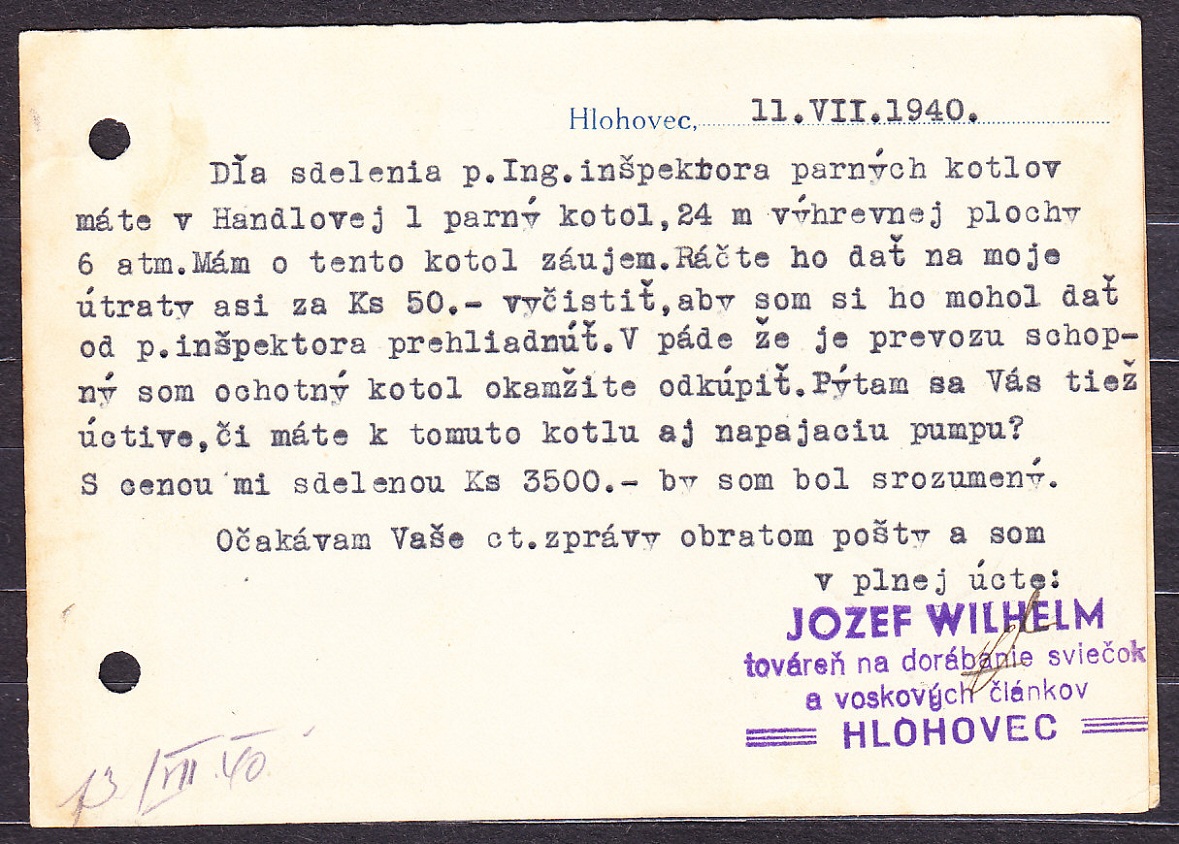 SLOVENSKÝ ŠTÁT 1940, poštový lístok. CHEMICKÁ TOVÁREŇ, VÝROBA SVIEČOK A VOSKOVÝCH ČLÁNKOV JOZEF WILHELM - HLOHOVEC.